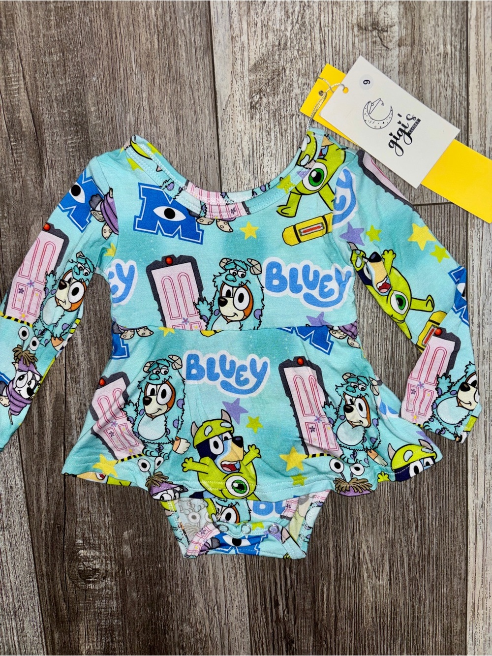 Gigi’s Kids Bamboo Bluey-Themed Long Sleeve One-Piece Bodysuit Dress - Blue